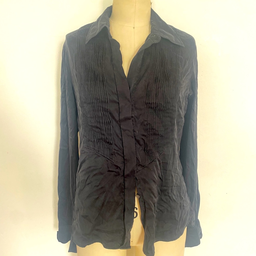 Theory silk black pintuck button down blouse size M